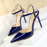 Burnished Plain Pointy Toe Ankle Strap Buckle Stiletto Heels