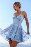 Sequin Butterfly Embellished V Neck Cut Out Mini Dresses-Blue