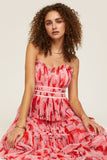 Ruffle Layered Cinch Waist Print Party Maxi Tube Dresses-Pink