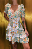 Floral Print V Neck Juliet Sleeve Lace Ruffled Trim A-Line Mini Dresses-Green