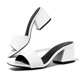 PU Leather Open Square Toe Slippers Chunky Heels - White