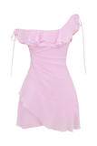 Skew Neck Ruffled Slim Fit Mini Dresses-Pink