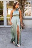 3D Flower Decor High Collar Halter Slit A-Line Maxi Dresses-Green