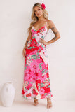 Floral Print V Neck Vacation Cami Maxi Dresses-Pink