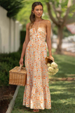 V Neckline Halter Ditsy Floral Print Backless A-Line Maxi Dresses-Orange