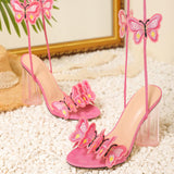 3D Embroidery Butterfly Lace Up Peep Toe Crystal Chunky Heels