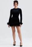 Velvet Feather Long Sleeve Cocktail Party Mini Dresses