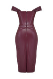 Faux Leather Pleated Neckline Corset Bodycon Cocktail Party Midi Dresses-Burgundy