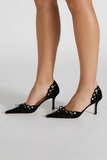 Studded Hollow Out Bow Decor Pointy Toe Ankle Wrapped Velvet Heels-Black