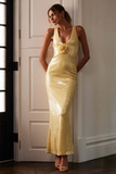 3D Flower Decor Deep V Neck Backless Sequin Gowns Maxi Tank Dresses-Yellow