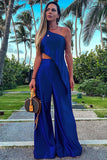 One Shoulder Irregular Hem Satin Top Wide Leg Pants Matching Set