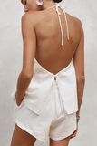 V Neck Halter Front Tie Up Backless Top Plain Shorts Matching Set-White