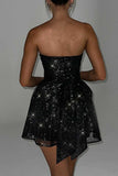 Boat Neck Strapless A-Line Back Bow Sparkling Mini Dresses-Gold