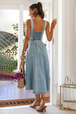 Irregular Neck Cinch Waist Button Up Denim Slip Midi Dresses-Blue