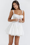 A-line White Boat Neck Tied Up Cami Backless Lace Up Pleated Embroidery Hem Mini Dresses