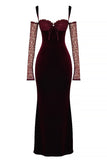 Cold Shoulder Lace Sleeve Bodycon Velvet Formal Party Maxi Dresses