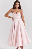 Elegant Cinch Waist Party Bridesmaid Tulle Layered Midi Slip Dresses-Pink