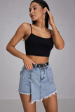 Denim High Waist Raw Edge Irregular Skort-Blue