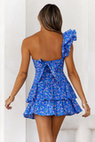 Ruffled One Shoulder Cutout Ditsy Floral Print Tiered Ruffled Hem Mini Dresses-Blue