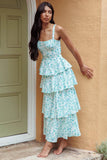 Floral Print Square Neck Straps Back Ribbon Cut Out Tiered Wedding Guest Maxi Dresses-Blue