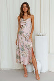 Vacation Cami Boat Neck Floral Print Slit Satin Vacation Midi Dress