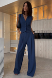 V Neck Waistcoat Plain Wide Leg Pants Matching Set-SlateGray