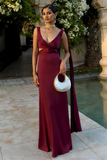 Deep V Neck Streamer Backless Gowns Maxi Tank Dresses-Burgundy