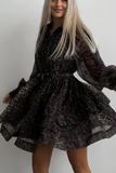 Leopard Print Turndown Collar Lantern Sleeve A-Line Mini Dresses-Black