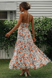 V Neck Halter Floral Print Ruffle Hem Vacation Maxi Dress