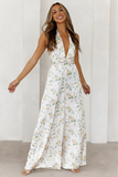 Floral Print Deep V Neck Halter Wide Leg Backless Jumpsuit-White