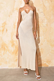 Halter Neck Backless Side Slit Knit Slim Fit Vacation Maxi Dresses-Beige