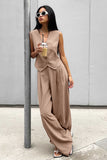 Striped V Neck Button Up Waistcoat Wide Leg Pants Matching Set-Brown