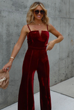 Velvet Solid Color Cami High Waist Straight Leg Jumpsuit-Burgundy