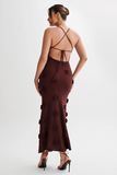 3D Flower Decor Knit Slim Fit Backless Spaghetti Strap Maxi Dresses-White