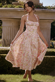 Sleeveless Halter Floral Print Corset A-Line Garden Party Midi Dresses-Pink