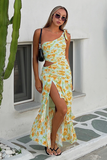 Floral One Shoulder Cutout Tiered Maxi Mullet Dresses-Green