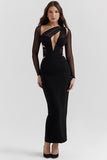 Irregular Cutout Long Sleeve Slim Fit Mesh Maxi Dresses-Black