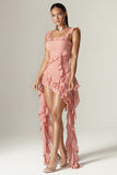 Square Neck Tiered Ruffle Sash Party Asymmetric Mini Dresses-Pink