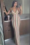 Halter V Neck Backless Boho Pattern Knit Slim-Fit Vacation Maxi Dresses-Beige