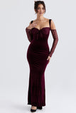 Cold Shoulder Lace Sleeve Bodycon Velvet Formal Party Maxi Dresses