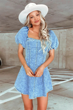 Square Neck Puff Sleeve A-Line Denim Mini Dresses-Blue