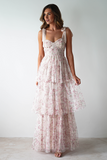 Tie Up Straps Cinch Waist Floral Print Tiered Maxi Dresses-Pink