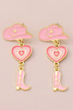 Cowboy Hat Heart Cowboy Boots Alloy Dangle Earrings-Pink