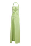 Halter Cutout Twisted Knot High Slit Sleeveless Maxi Dresses-Green