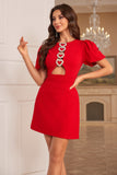 Puffy Sleeve Rhinestone Heart Cut Out Mini Dresses