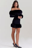 Off Shoulder Long Sleeve Faux Fur Cuff Trim Cocktail Party Bodycon Mini Dresses-Black