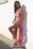 One Shoulder Floral Print Asymmetric Vacation Maxi Dresses-Red