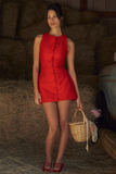 Round Neck Button Up Bodycon Plain Mini Tank Dresses-Red