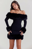 Off Shoulder Long Sleeve Faux Fur Cuff Trim Cocktail Party Bodycon Mini Dresses-Black