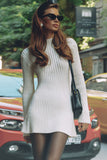 Pleated Knit Mock Neck Long Sleeve A-Line Slim Fit Sweater Mini Dresses-White